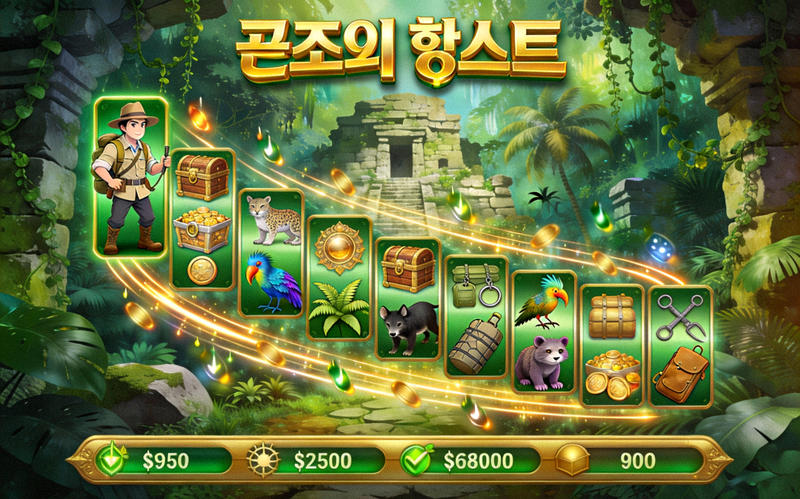 곤조의 퀘스트 슬롯 게임 - 정글 탐험을 테마로 한 어드벤처 슬롯, 캐스케이딩 릴과 연속 승리 시스템이 특징
